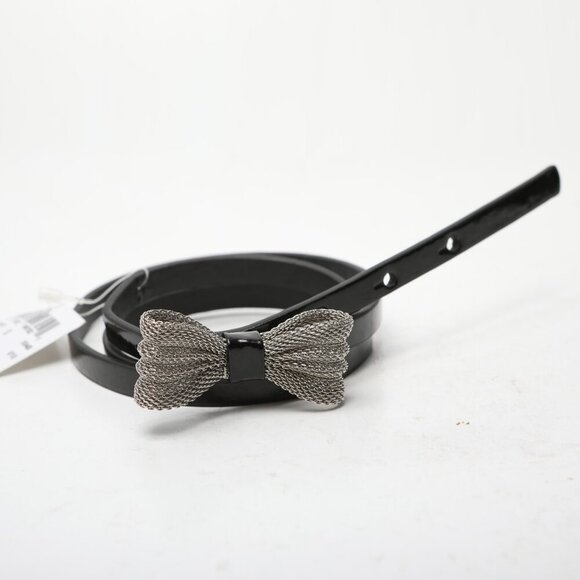 Faux Patent Leather Skinny Belt Metal Bow Mesh Black Glossy Party Y2K Retro - Picture 9 of 9